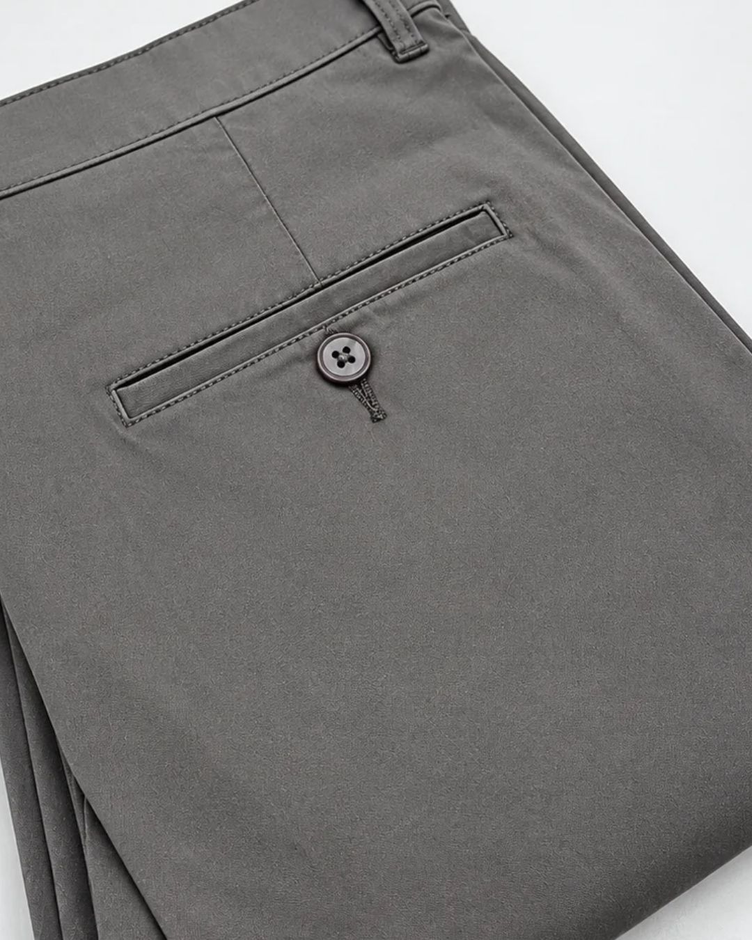 Close-up of folded gray trousers showing the back pocket with a button closure, photographed on a clean white background.