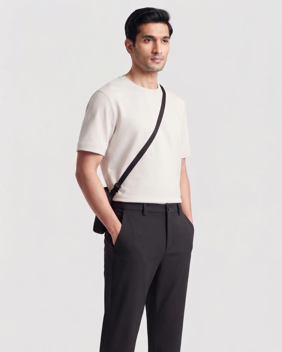 A man wearing a cream short-sleeve knit t-shirt, black trousers, and a black crossbody bag, standing against a light gray studio background.