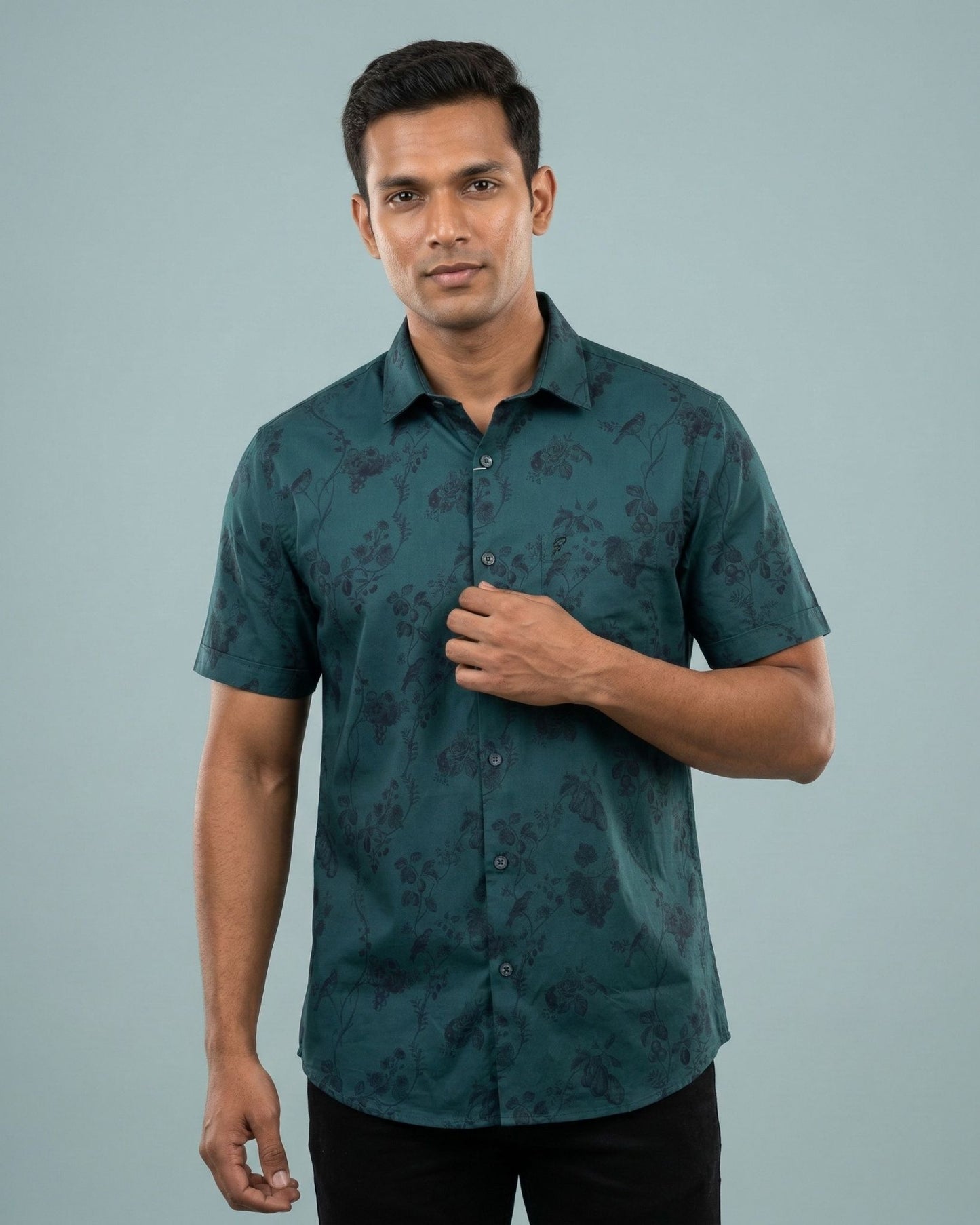 Bottle Green Printed Casual Shirt for Men – Half Sleeve