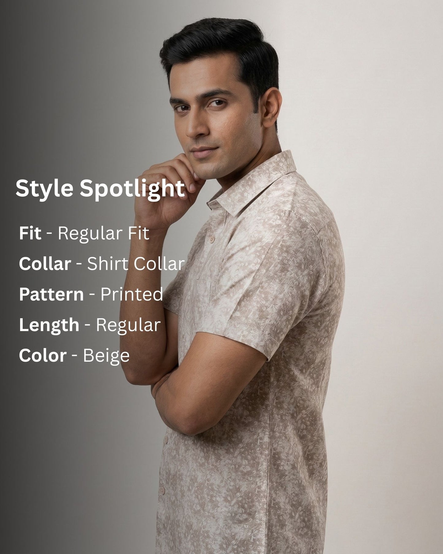 Beige Printed Casual Shirt for Men – Half Sleeve Cotton