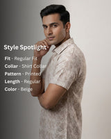 Beige Printed Casual Shirt for Men – Half Sleeve Cotton