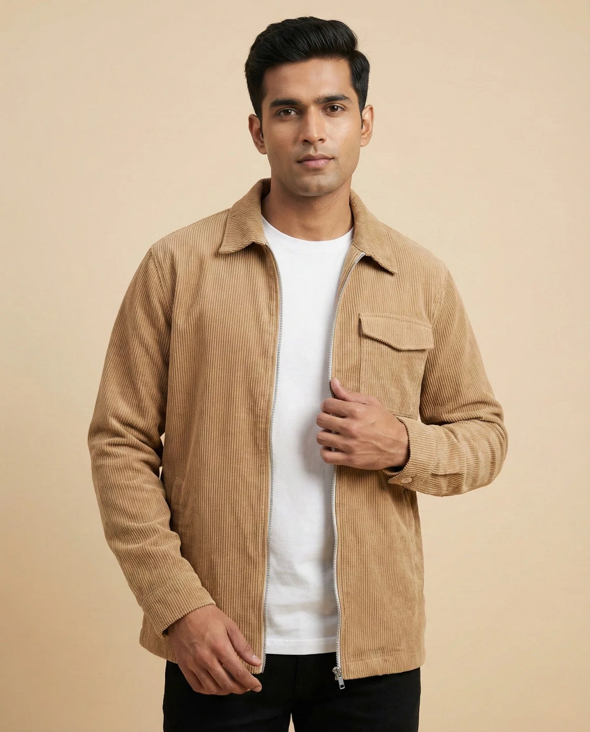 Men’s Beige Zipper Shacket